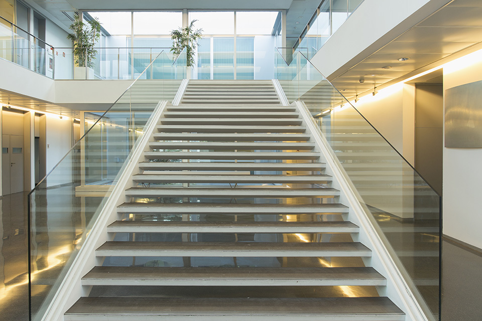 a picture of an office with stairs